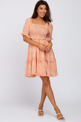 Peach Spotted Square Neck Smocked Ruffle Dress