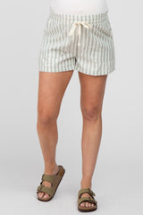 Light Olive Striped Drawstring Maternity Shorts