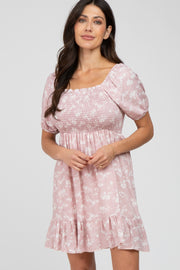 Light Pink Floral Smocked Square Neck Dress