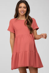 Rust Ribbed Maternity Tiered Dress