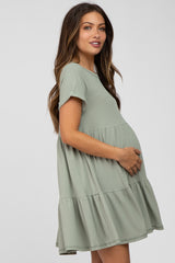 Light Olive Ribbed Maternity Tiered Dress