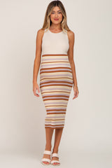 Beige Striped Cutout Knit Maternity Midi Dress