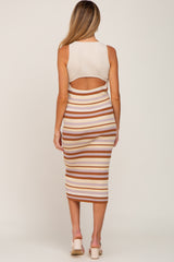 Beige Striped Cutout Knit Maternity Midi Dress