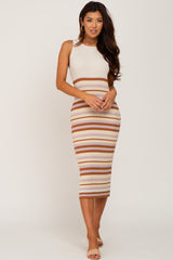 Beige Striped Cutout Knit Maternity Midi Dress