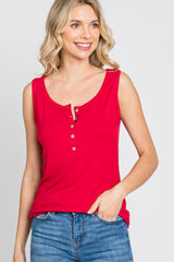 Red Ribbed Button Up Tank Top