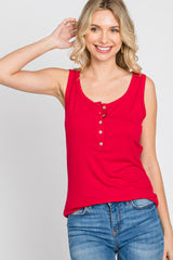 Red Ribbed Button Up Tank Top