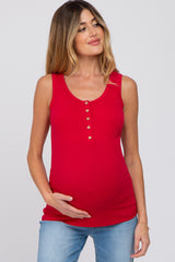 Red Ribbed Button Up Maternity Tank Top