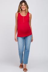 Red Ribbed Button Up Maternity Tank Top