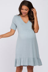 Light Blue V-Neck Ruffle Hem Maternity Dress