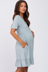 Light Blue V-Neck Ruffle Hem Maternity Dress