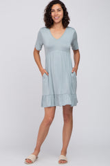 Light Blue V-Neck Ruffle Hem Dress