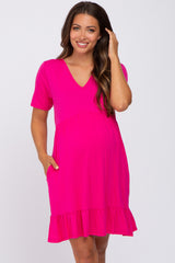 Fuchsia V-Neck Ruffle Hem Maternity Dress