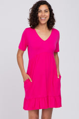 Fuchsia V-Neck Ruffle Hem Dress