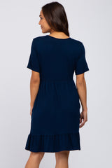 Navy Blue V-Neck Ruffle Hem Maternity Dress