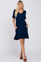 Navy Blue V-Neck Ruffle Hem Dress