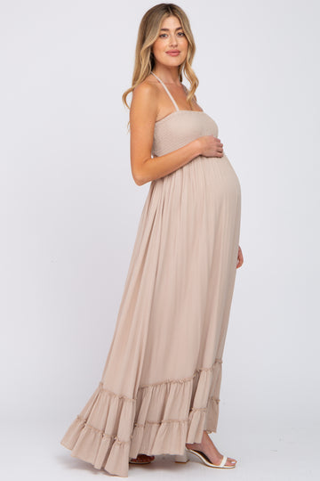 Beige Halter Neck Cut Out Maternity Maxi Dress