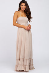 Beige Halter Neck Cut Out Maternity Maxi Dress