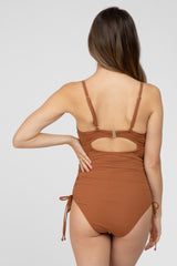 Mocha Ribbed Side Tie One-Piece Maternity Swimsuit