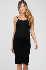 Black Ribbed Button Front Maternity Dress