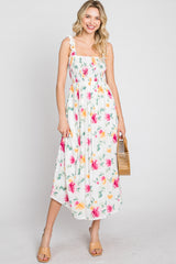 White Floral Smocked Maternity Maxi Dress