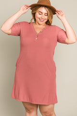 Mauve Ribbed Button Accent Plus Dress