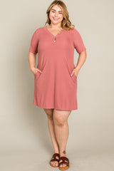 Mauve Ribbed Button Accent Plus Dress