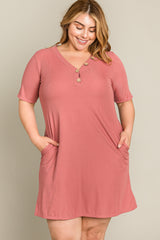 Mauve Ribbed Button Accent Plus Dress