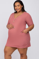 Mauve Ribbed Button Accent Maternity Plus Dress