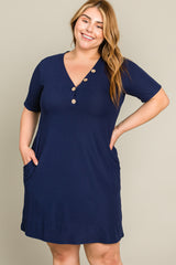 Navy Ribbed Button Accent Maternity Plus Dress