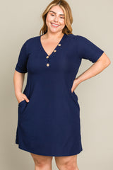 Navy Ribbed Button Accent Plus Dress