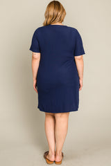 Navy Ribbed Button Accent Plus Dress