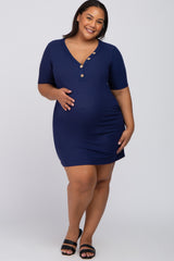 Navy Ribbed Button Accent Maternity Plus Dress