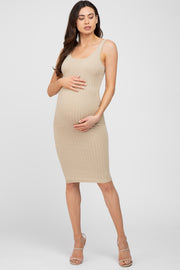 Dark Taupe Sleeveless Fitted Ribbed Maternity Dress