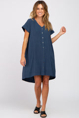 Navy Linen Button Front Maternity Dress