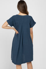 Navy Linen Button Front Maternity Dress