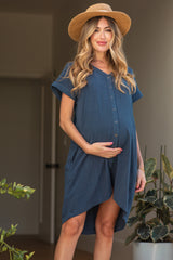 Navy Linen Button Front Maternity Dress