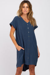 Navy Linen Button Front Dress