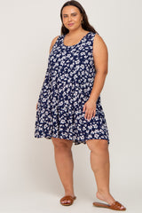 Navy Floral Sleeveless Tiered Maternity Plus Dress