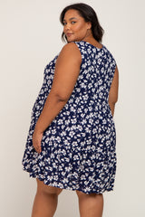 Navy Floral Sleeveless Tiered Maternity Plus Dress