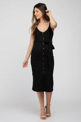 Black Ribbed Sash Tie Maternity Midi Dress