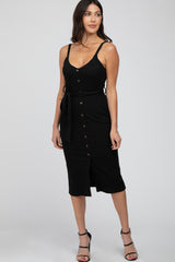 Black Ribbed Sash Tie Maternity Midi Dress