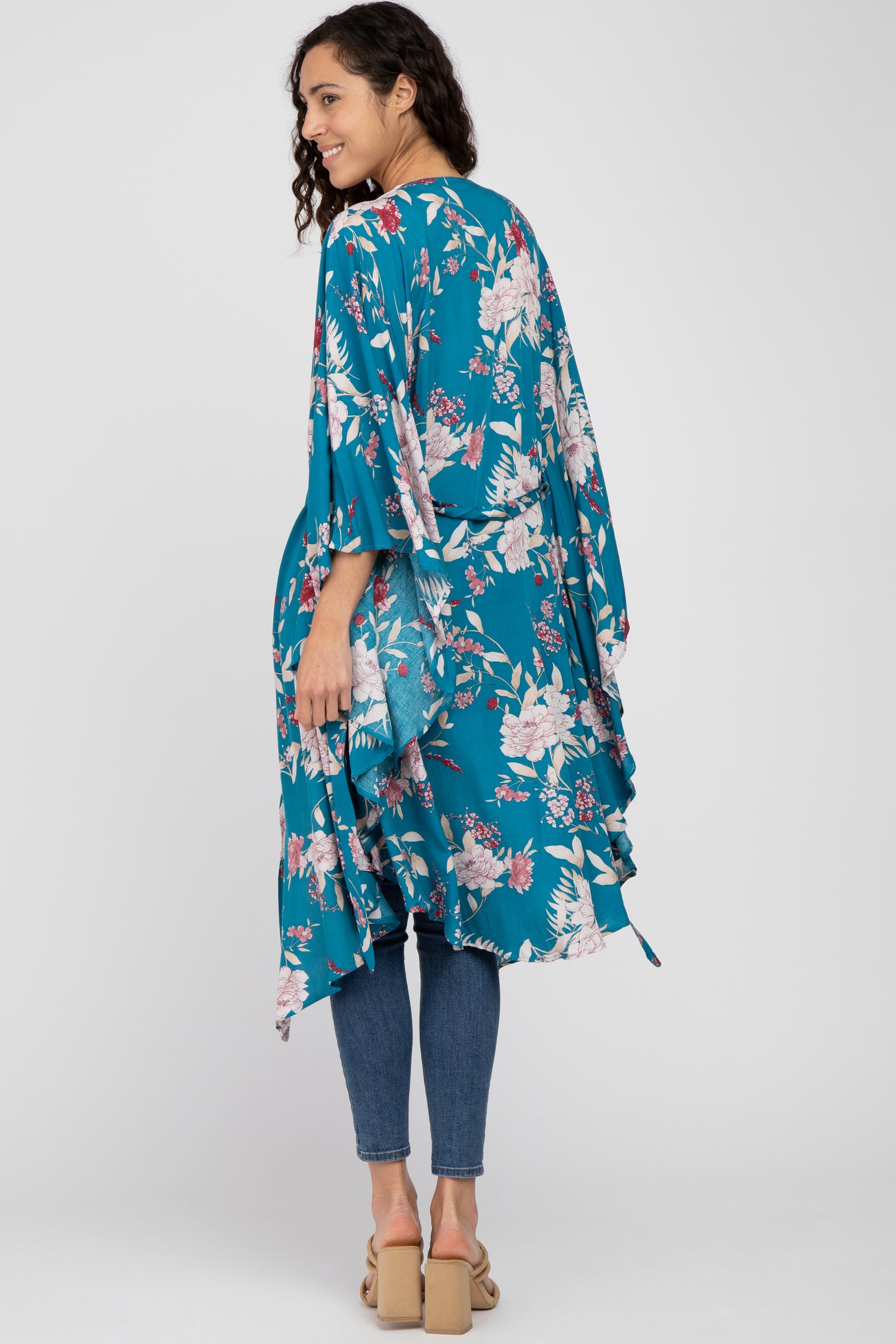 Teal Floral Flowy Round Hem Cover-Up
