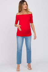 Red Off Shoulder Lettuce Hem Maternity Top