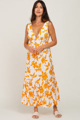 Orange Leaf Print Sleeveless Maxi Dress