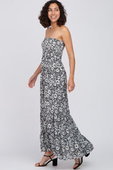 Black Floral Strapless Smocked Maxi Dress