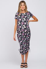 Black Floral Fitted Ruched Maternity Midi Dress