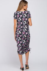 Black Floral Fitted Ruched Maternity Midi Dress