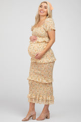 Yellow Smocked Ruffle Accent Maternity Midi Dress