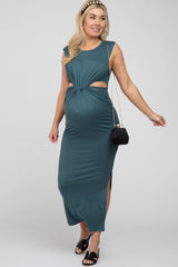 Teal Sleeveless Twist Cutout Maternity Midi Dress