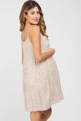 Beige Floral Tiered V-Neck Maternity Dress